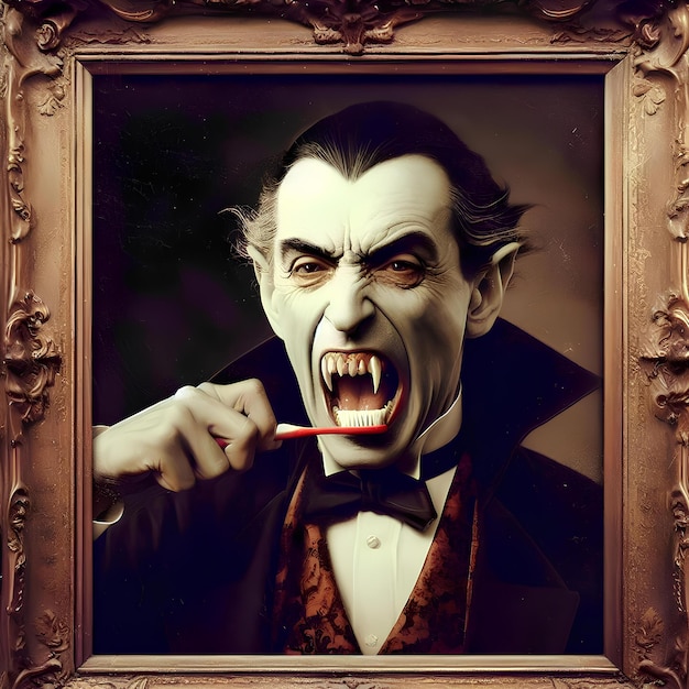 portrait of count dracula brushing his teeth