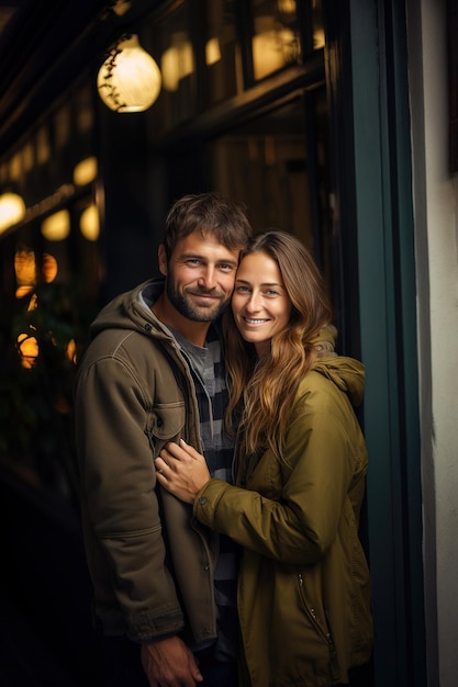 Portrait of a couple in love on a romantic date smiling and looking at the camera Vertical photo Valentines day