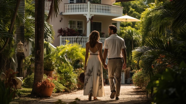 Portrait of a couple in their early 40s with their backs facing a crisp white colonial style two sto