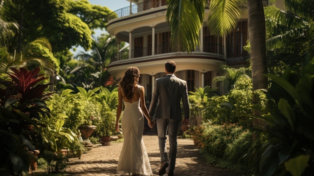 Portrait of a couple in their early 40s with their backs facing a crisp white colonial style two sto