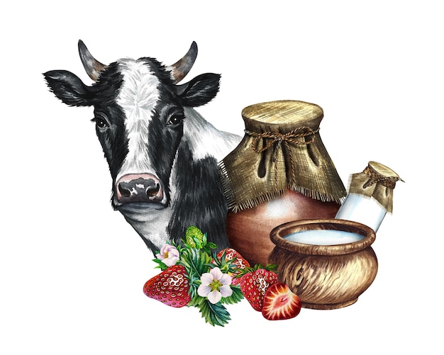 Portrait of a cow and dairy products with strawberries A hand drawn watercolor illustration