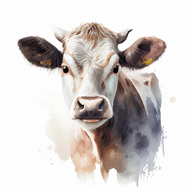 Portrait cow farm hand drawn watercolor illustration farm animals