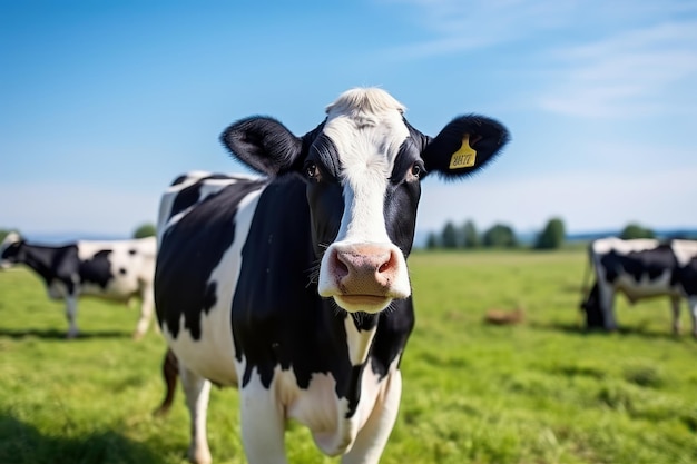 Portrait of cow on green grass with blue sky