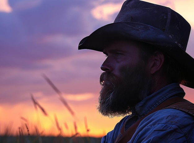 Portrait of a cowboy in a hat on a sunset background