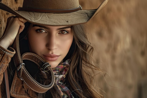 Portrait of cowgirl fixing horseshoe