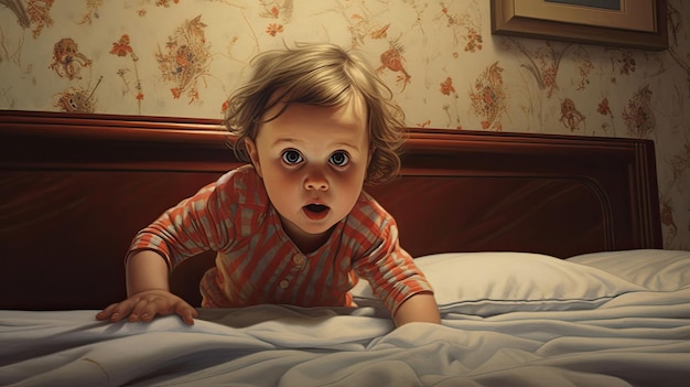 Portrait of a crawling baby on the bed in her room