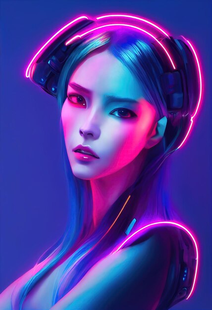 A portrait of a creative beauty wearing fancy headphones A lover of fashionable music against a backdrop of bright colorful lights