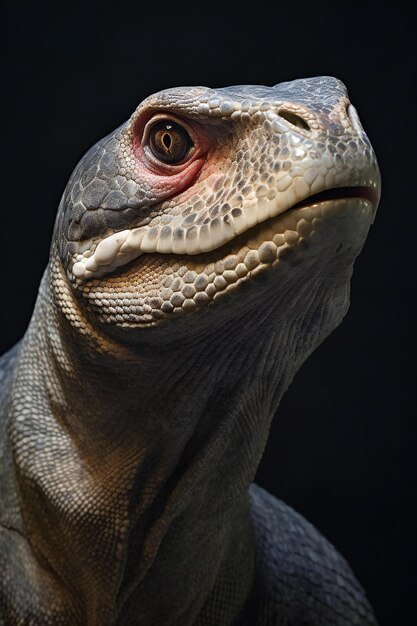 Portrait of a crested lizard in front of a black background