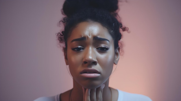 Portrait of crying black female against pastel background with space for text AI generated