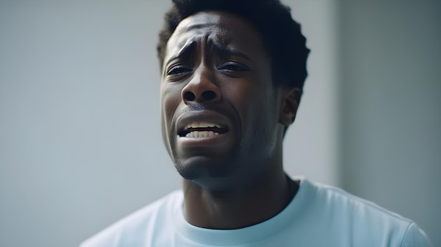 Portrait of crying black male against light blue pastel background with space for text AI generated