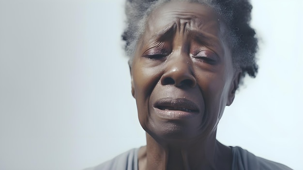 Portrait of crying elderly black female against white background with space for text AI generated