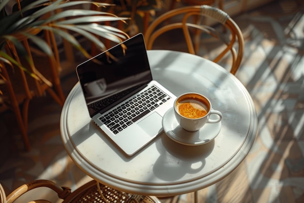 Photo portrait of a cup of coffee and a laptop on a table with a plant