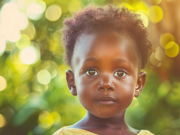 Portrait of a cute african child beautiful face with big eyes light saturated blurred nature back