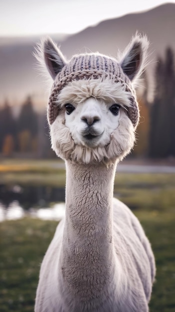 Photo portrait of a cute alpaca wearing hat