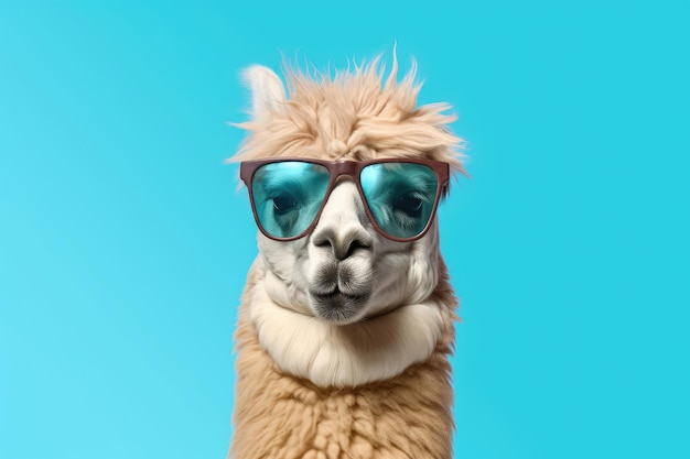 Portrait of a cute alpaca wearing sunglasses on blue background