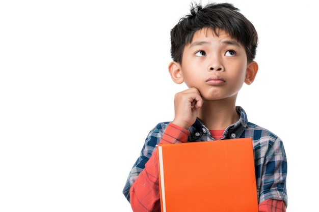 portrait of cute Asian boy student thinking and holding big book isolated on white background