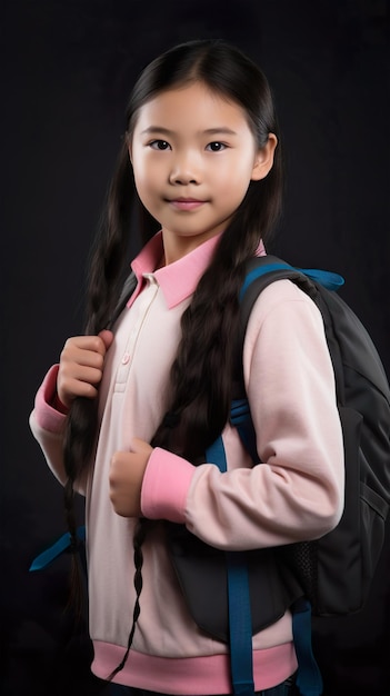 Portrait of a cute Asian schoolgirl with a backpack on black background