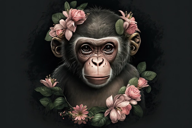 Portrait of a cute baby female monkey with pink roses Tender image Dark background Generative AI