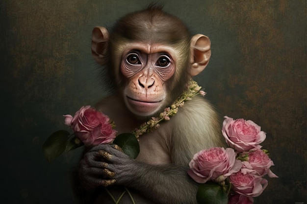 Portrait of a cute baby female monkey with pink roses Tender image Dark background Generative AI