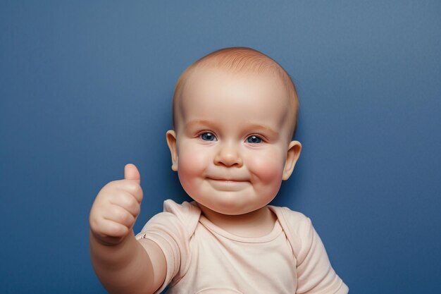 Portrait of cute baby girl showing thumbs up Blue background