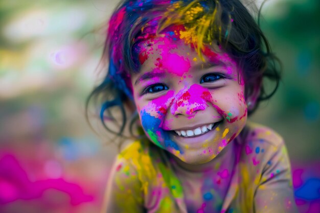 portrait of cute baby girl smiling with face covered in multicolor colors powder while playing hol