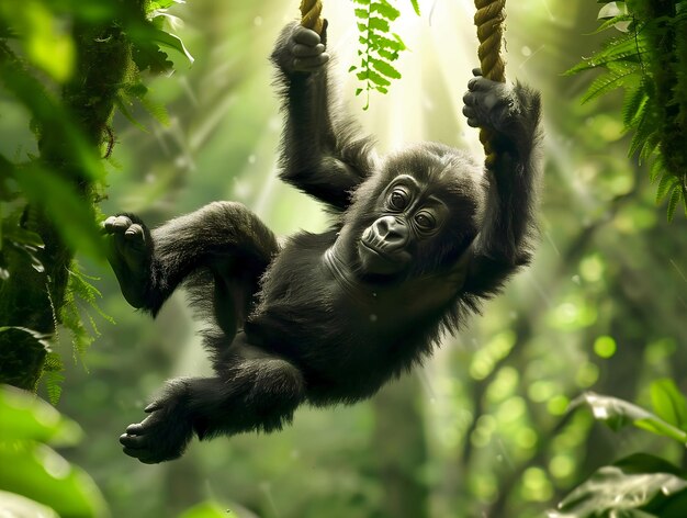 Portrait of cute baby gorilla in the jungle isolated on green background animals and wildlife