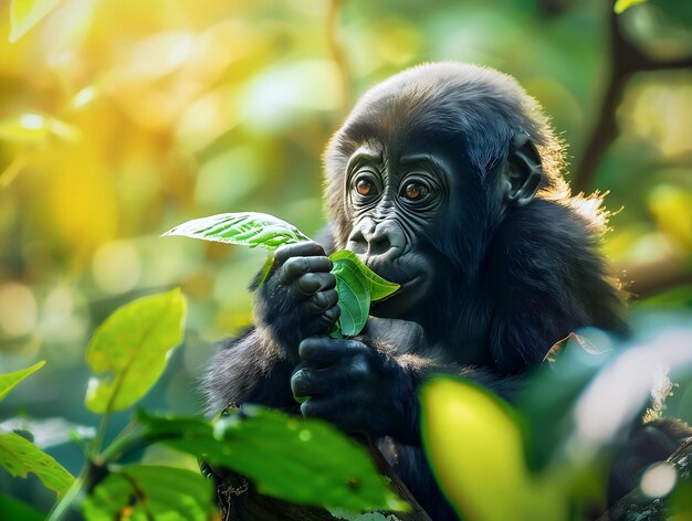 Portrait of cute baby gorilla in the jungle isolated on green background animals and wildlife