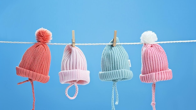 Photo portrait of cute baby hats perched on a clothesline