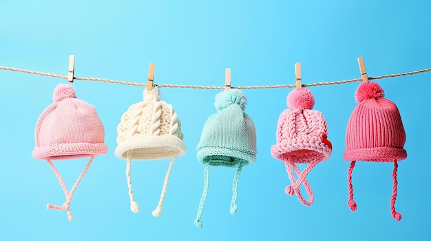 Portrait of Cute Baby Hats Perched on a Clothesline