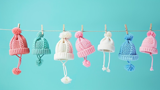 Portrait of Cute Baby Hats Perched on a Clothesline