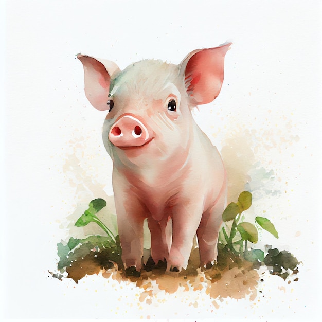 Portrait of a cute baby pig watercolor illustration