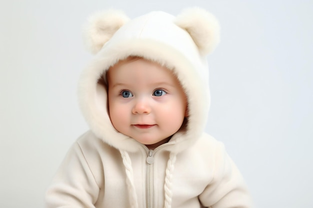 Portrait of cute baby in warm clothes on white background closeup