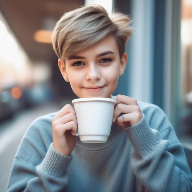 Portrait of cute beautiful young girl with short haircut and trendy boyish clothes drinking cup of c