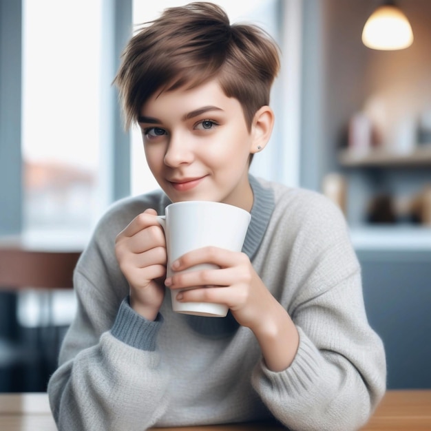 Portrait of cute beautiful young girl with short haircut and trendy boyish clothes drinking cup of c