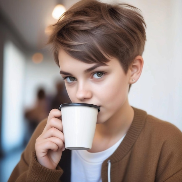 Portrait of cute beautiful young girl with short haircut and trendy boyish clothes drinking cup of c