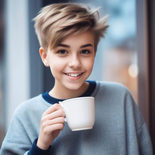 Portrait of cute beautiful young girl with short haircut and trendy boyish clothes drinking cup of c