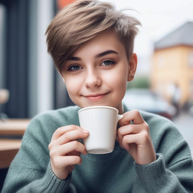 Portrait of cute beautiful young girl with short haircut and trendy boyish clothes drinking cup of c