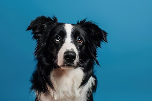 Portrait of cute black and white border collie dog looking at camera isolated on blue background wit