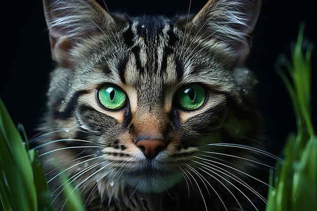 portrait of a cute brown greeneyed longhaired cat close up