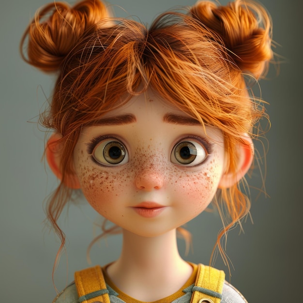 Portrait of a cute cartoon girl with red hair and green eyes