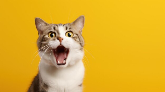 Portrait cute cat expression screaming on bright yellow background AI generated image