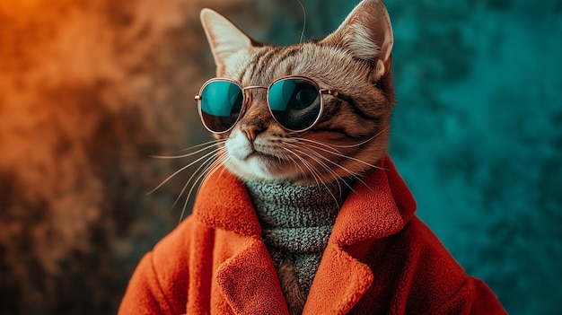 Portrait of a cute cat wearing fashionable lounge coat and sunglasses animal in clothing