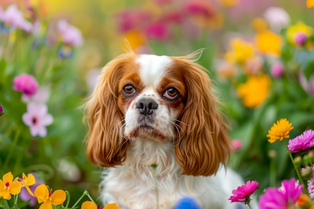 Portrait of a Cute Cavalier King Charles Spaniel Dog Among Vibrant Spring Flowers in a Blossoming