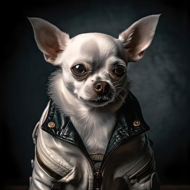 Portrait of a cute chihuahua dog in leather jacket