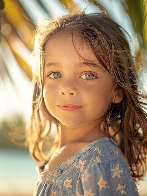 Portrait of a cute child beautiful face with big eyes tropical beach on blurred background