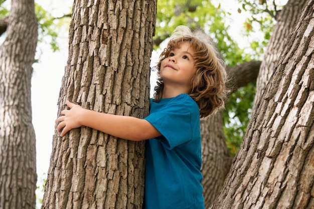 Portrait of a cute child climbing in a tree in a park