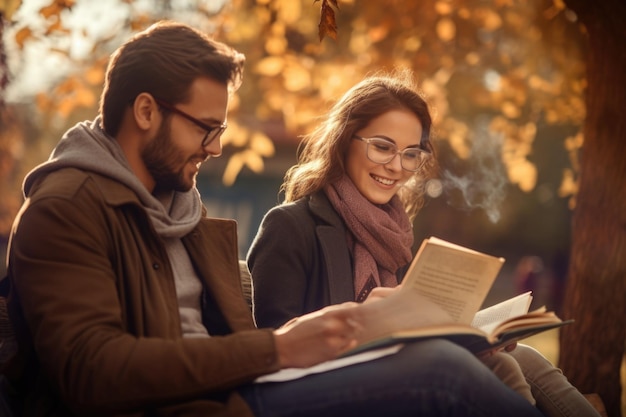 Portrait of cute couple reading a book in autumn