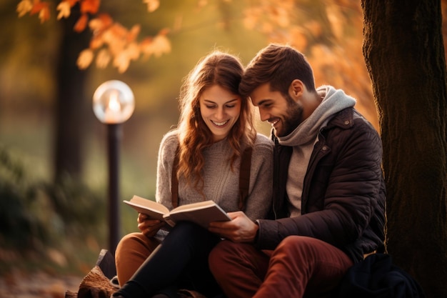 Portrait of cute couple reading a book in autumn