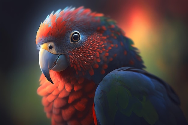 Portrait of cute exotic tropical parrot bird with beak in nature looking at camera Closeup bokeh Generative AI