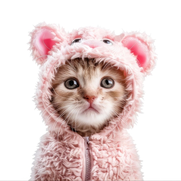 Photo portrait of cute fluffy kitty cat with minimal kawaii costume and posting looking at camera